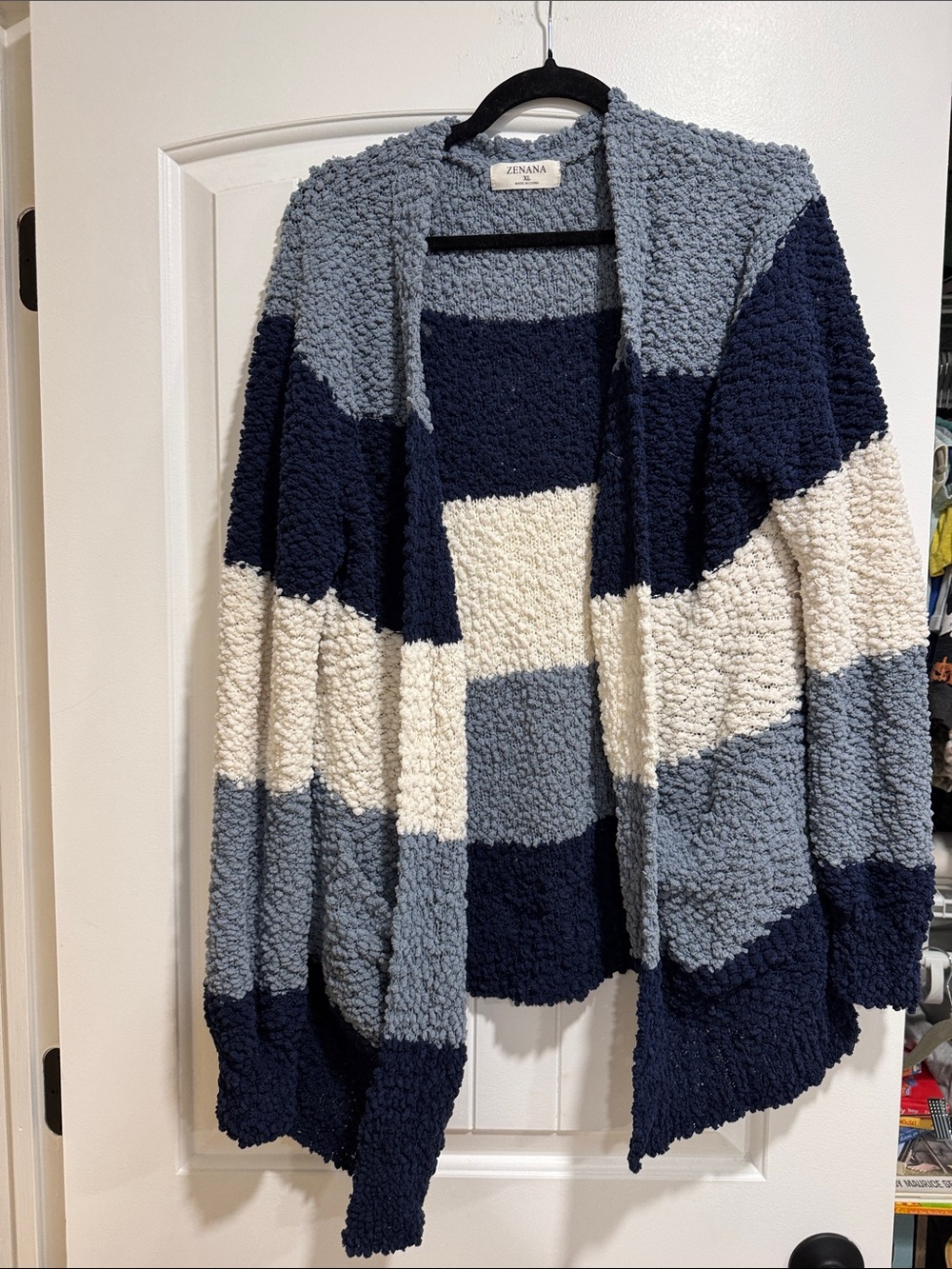 Zenana  Navy, Light Blue & Cream Chunky Knit Open-Front Cardigan